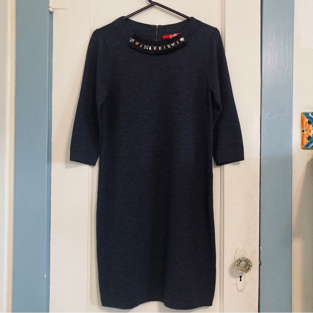 Boden Grey Wool Sweater Dress Beaded Ruffled Neckline with  Gems Size US 10R - Picture 1 of 10